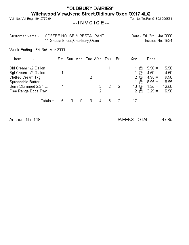 Pre-Printed Weekly Invoice